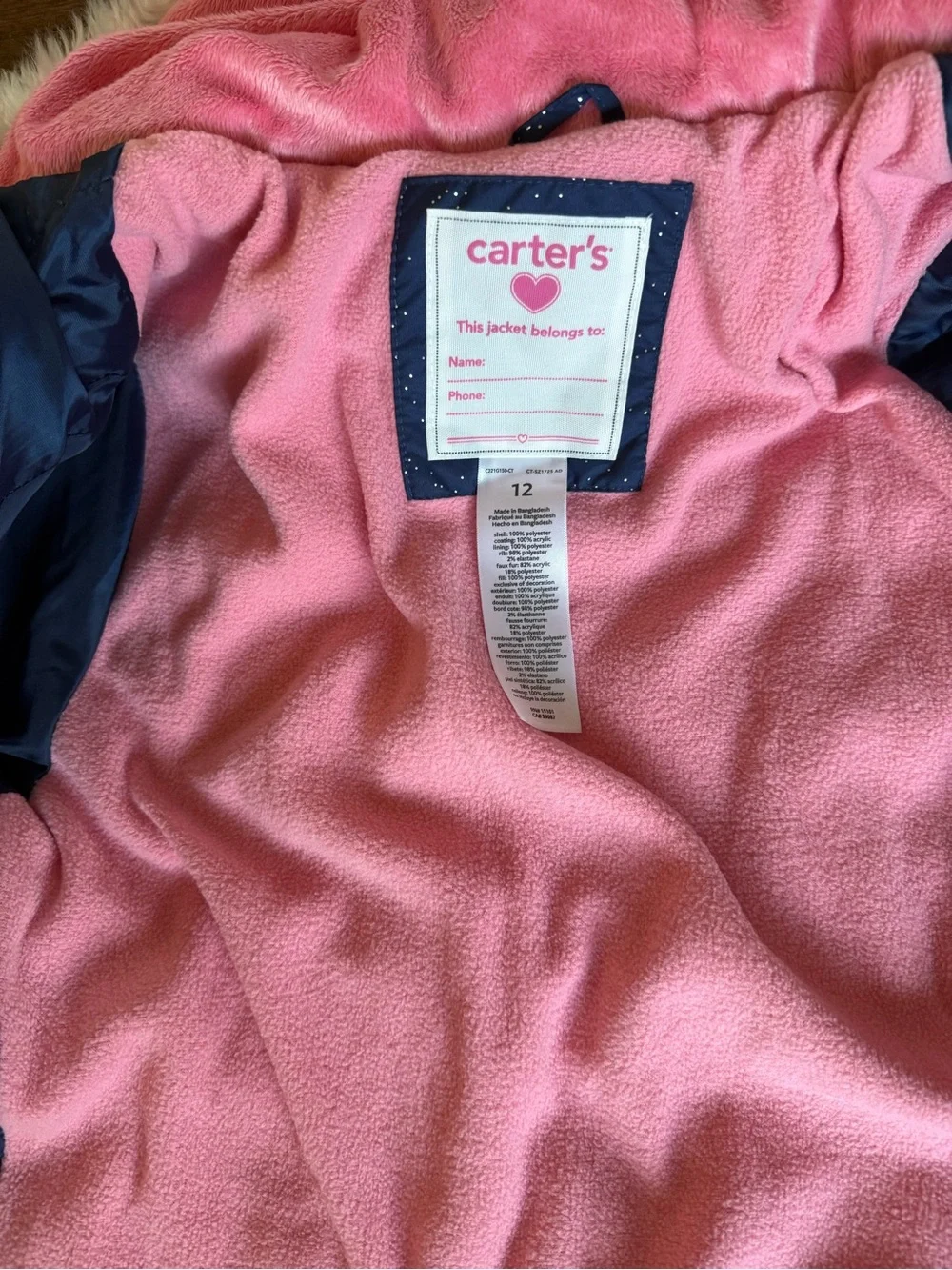 Carter’s, Navy Glitter Puffer Winter Coat Faux Fur Hood, Size 12 EUC